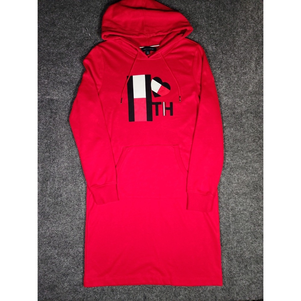 Tommy Hilfiger Womens M Red Hoodie Dress Sweatshirt Long Sleeve Graphic Heart